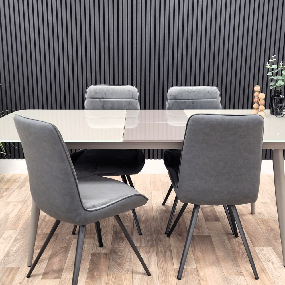 Riva Cappuccino Table & Reflex Grey Velvet Chairs - open
