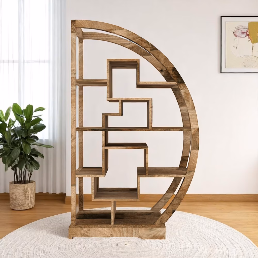 arch display unit in mango wood living room